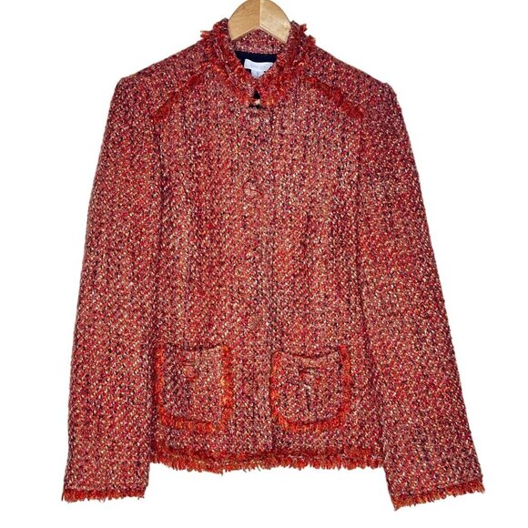 Chico's Tweed Jacket Womens Size 1 SARAIH Red Orange Button Front Lined - Picture 1 of 11